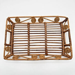 Vintage Rattan Bamboo Basket Tray 70s Retro Tiki Bar Boho 13.75" x 9.5"